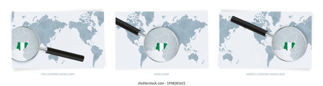 Blue Abstract World Maps with magnifying glass on map of Nigeria with the national flag of Nigeria. Three version of World Map – Asia Centered, America Centered and Europe Centered.