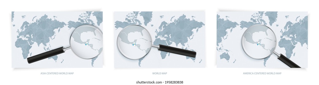 Blue Abstract World Maps with magnifying glass on map of Guatemala with the national flag of Guatemala. Three version of World Map – Asia Centered, America Centered and Europe Centered.