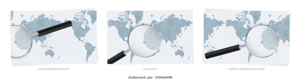 Blue Abstract World Maps with magnifying glass on map of Gambia with the national flag of Gambia. Three version of World Map – Asia Centered, America Centered and Europe Centered.
