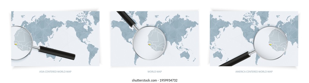 Blue Abstract World Maps with magnifying glass on map of Guinea-Bissau with the national flag of Guinea-Bissau. Three version of World Map – Asia Centered, America Centered and Europe Centered.