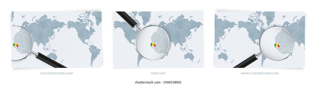 Blue Abstract World Maps with magnifying glass on map of Senegal with the national flag of Senegal. Three version of World Map – Asia Centered, America Centered and Europe Centered.