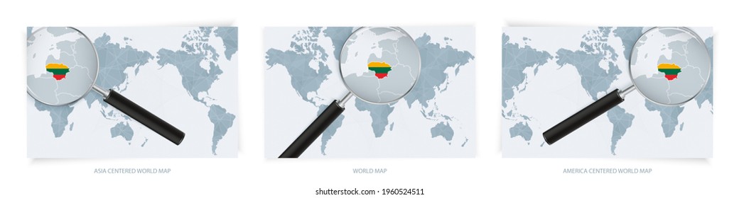 Blue Abstract World Maps with magnifying glass on map of Lithuania with the national flag of Lithuania. Three version of World Map – Asia Centered, America Centered and Europe Centered.