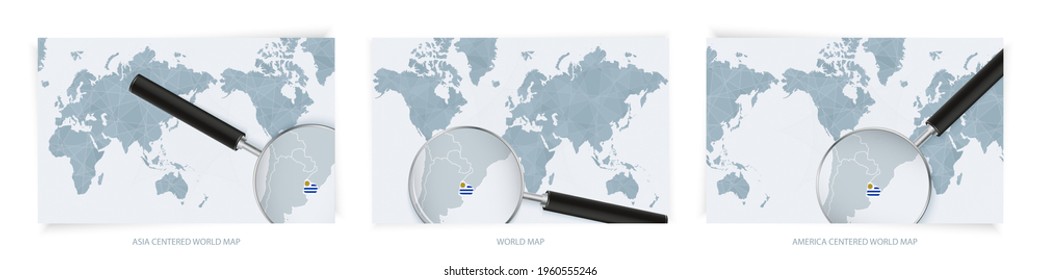 Blue Abstract World Maps mit Lupe Glas auf Karte von Uruguay mit der nationalen Flagge von Uruguay. Drei Versionen von World Map - Asien zentriert, Amerika zentriert und Europa zentriert.