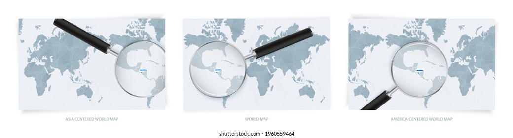 Blue Abstract World Maps with magnifying glass on map of Honduras with the national flag of Honduras. Three version of World Map – Asia Centered, America Centered and Europe Centered.