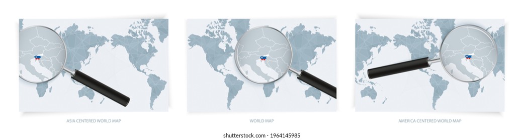 Blue Abstract World Maps with magnifying glass on map of Slovenia with the national flag of Slovenia. Three version of World Map – Asia Centered, America Centered and Europe Centered.