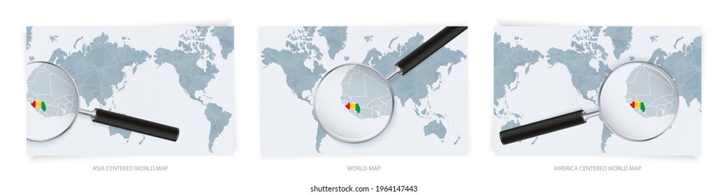 Blue Abstract World Maps with magnifying glass on map of Guinea with the national flag of Guinea. Three version of World Map – Asia Centered, America Centered and Europe Centered.