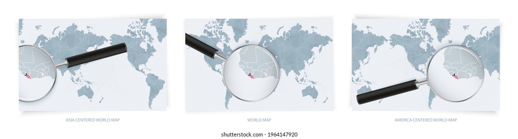 Blue Abstract World Maps with magnifying glass on map of Liberia with the national flag of Liberia. Three version of World Map – Asia Centered, America Centered and Europe Centered.