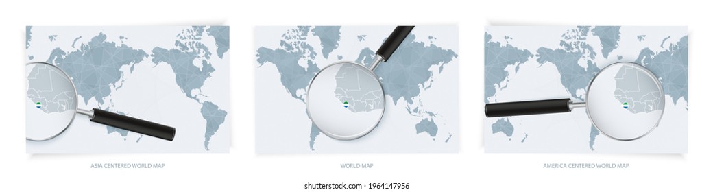 Blue Abstract World Maps mit Lupe auf der Karte von Sierra Leone mit der Nationalflagge von Sierra Leone. Drei Versionen von World Map - Asien zentriert, Amerika zentriert und Europa zentriert.