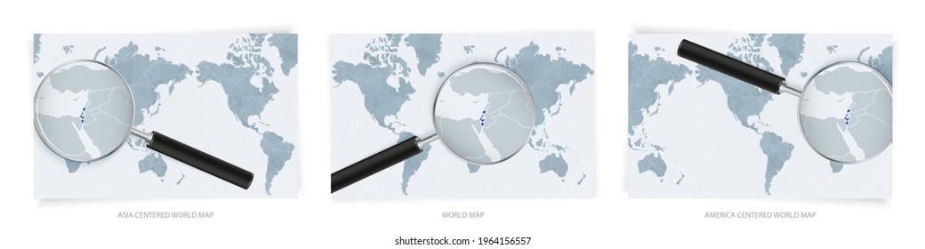 Blue Abstract World Maps con lupa en el mapa de Israel con la bandera nacional de Israel. Tres versiones del Mapa Mundial - Asia Central, América Central y Europa Central.