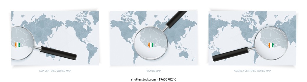 Blue Abstract World Maps with magnifying glass on map of Ivory Coast with the national flag of Ivory Coast. Three version of World Map – Asia Centered, America Centered and Europe Centered.