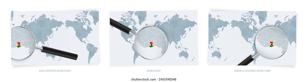 Blue Abstract World Maps mit Lupe Glas auf Karte von Ghana mit der Nationalflagge von Ghana. Drei Versionen von World Map - Asien zentriert, Amerika zentriert und Europa zentriert.