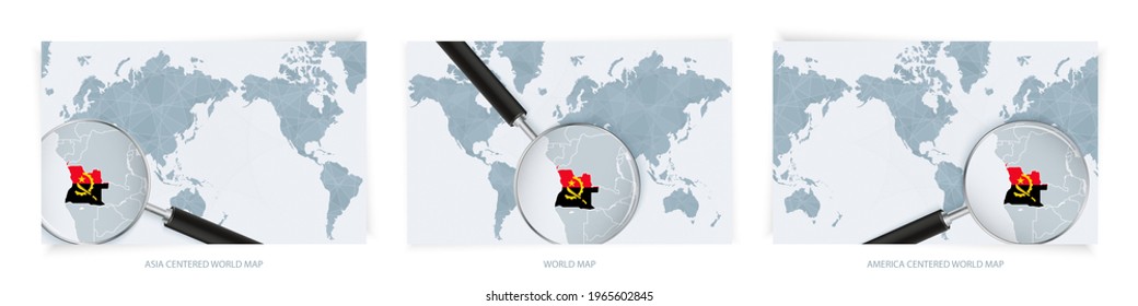 Blue Abstract World Maps con lupa en el mapa de Angola con la bandera nacional de Angola. Tres versiones del Mapa Mundial - Asia Central, América Central y Europa Central.
