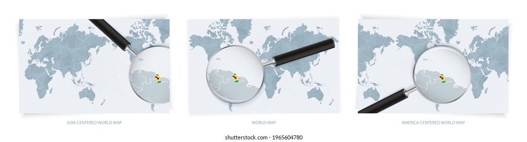 Blue Abstract World Maps with magnifying glass on map of Guyana with the national flag of Guyana. Three version of World Map – Asia Centered, America Centered and Europe Centered.