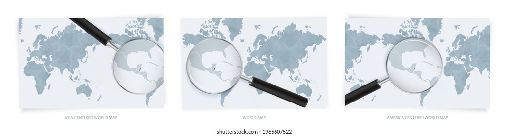 Blue Abstract World Maps with magnifying glass on map of Belize with the national flag of Belize. Three version of World Map – Asia Centered, America Centered and Europe Centered.