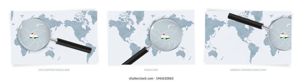 Blue Abstract World Maps with magnifying glass on map of Tajikistan with the national flag of Tajikistan. Three version of World Map – Asia Centered, America Centered and Europe Centered.