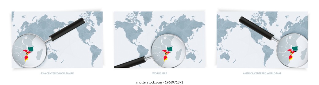 Blue Abstract World Maps with magnifying glass on map of Mozambique with the national flag of Mozambique. Three version of World Map – Asia Centered, America Centered and Europe Centered.