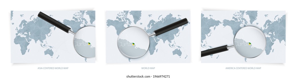 Blue Abstract World Maps with magnifying glass on map of French Guiana with the national flag of French Guiana. Three version of World Map – Asia Centered, America Centered and Europe Centered.