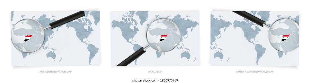 Blue Abstract World Maps with magnifying glass on map of Syria with the national flag of Syria. Three version of World Map – Asia Centered, America Centered and Europe Centered.