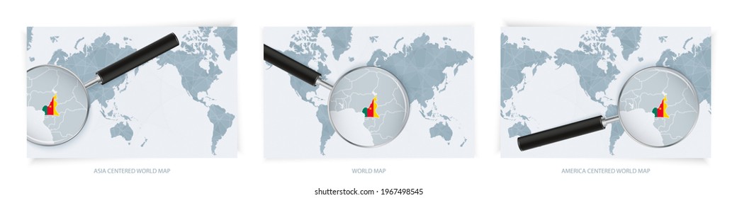 Blue Abstract World Maps with magnifying glass on map of Cameroon with the national flag of Cameroon. Three version of World Map – Asia Centered, America Centered and Europe Centered.