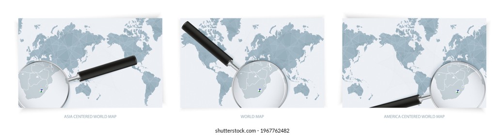 Blue Abstract World Maps with magnifying glass on map of Lesotho with the national flag of Lesotho. Three version of World Map – Asia Centered, America Centered and Europe Centered.