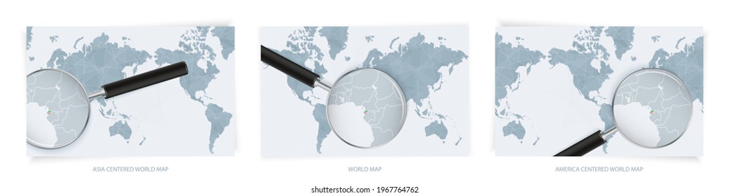 Blue Abstract World Maps with magnifying glass on map of Equatorial Guinea with the national flag. Three version of World Map – Asia Centered, America Centered and Europe Centered.