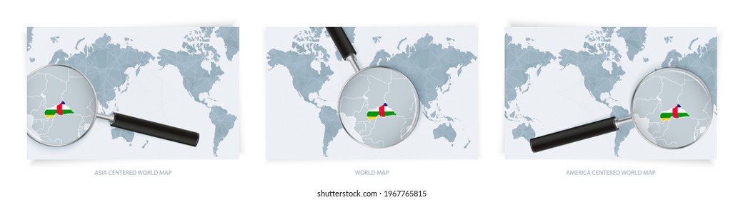 Blue Abstract World Maps with magnifying glass on map of Central African Republic with the national flag. Three version of World Map – Asia Centered, America Centered and Europe Centered.