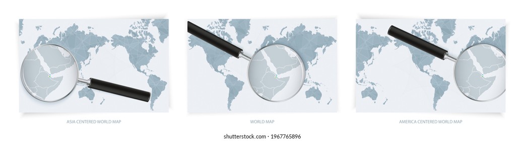 Blue Abstract World Maps with magnifying glass on map of Djibouti with the national flag of Djibouti. Three version of World Map – Asia Centered, America Centered and Europe Centered.