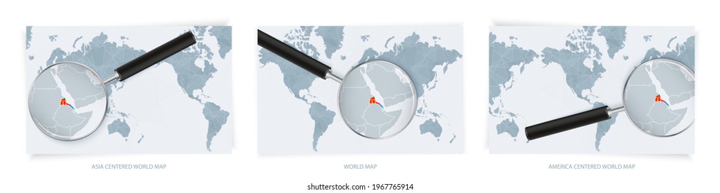 Blue Abstract World Maps with magnifying glass on map of Eritrea with the national flag of Eritrea. Three version of World Map – Asia Centered, America Centered and Europe Centered.