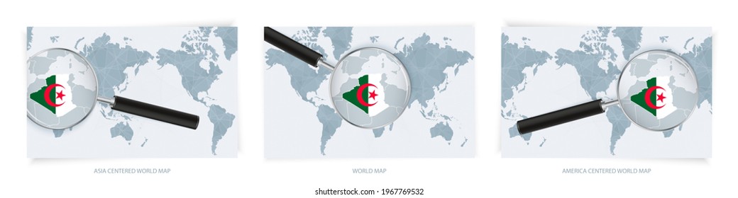 Blue Abstract World Maps with magnifying glass on map of Algeria with the national flag of Algeria. Three version of World Map – Asia Centered, America Centered and Europe Centered.