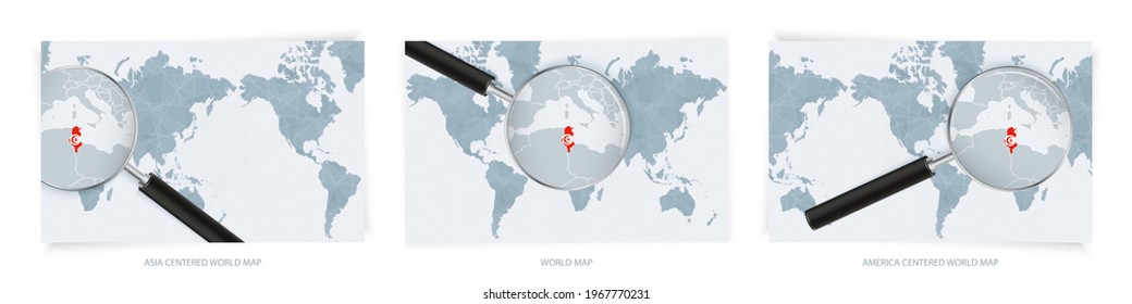 Blue Abstract World Maps with magnifying glass on map of Tunisia with the national flag of Tunisia. Three version of World Map – Asia Centered, America Centered and Europe Centered.