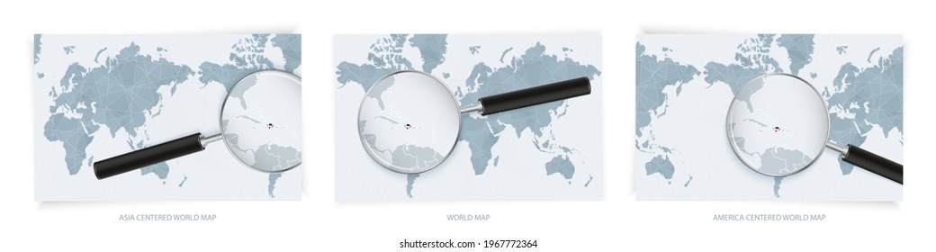 Blue Abstract World Maps with magnifying glass on map of Dominican Republic with the national flag. Three version of World Map – Asia Centered, America Centered and Europe Centered.