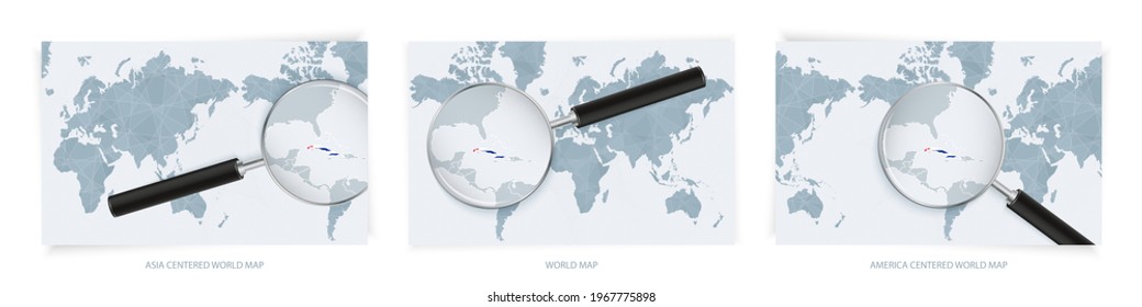 Blue Abstract World Maps with magnifying glass on map of Cuba with the national flag of Cuba. Three version of World Map – Asia Centered, America Centered and Europe Centered.