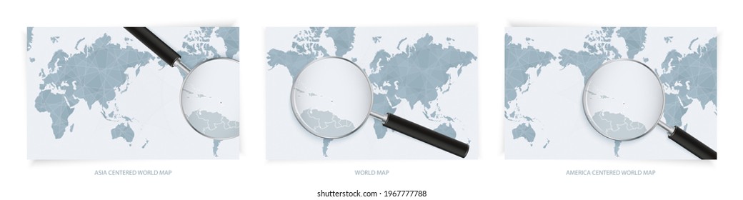 Blue Abstract World Maps with magnifying glass on map of Dominica with the national flag of Dominica. Three version of World Map – Asia Centered, America Centered and Europe Centered.