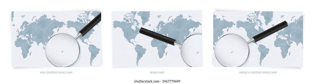 Blue Abstract World Maps with magnifying glass on map of Fiji with the national flag of Fiji. Three version of World Map – Asia Centered, America Centered and Europe Centered.