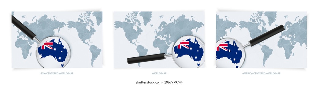 Blue Abstract World Maps mit Lupe Glas auf Karte von Australien mit der nationalen Flagge Australiens. Drei Versionen von World Map - Asien zentriert, Amerika zentriert und Europa zentriert.