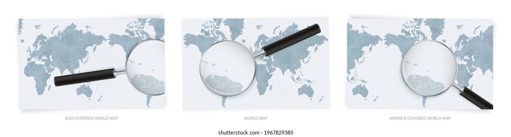 Blue Abstract World Maps with magnifying glass on map of Saint Kitts and Nevis with the national flag. Three version of World Map – Asia Centered, America Centered and Europe Centered.