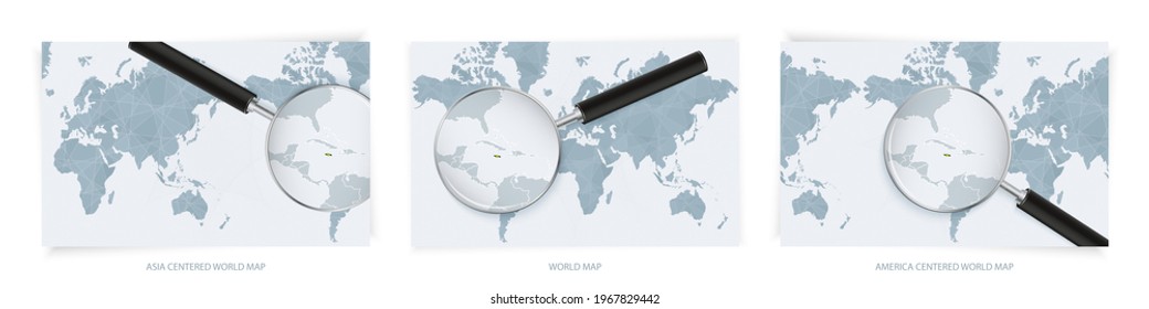Blue Abstract World Maps with magnifying glass on map of Jamaica with the national flag of Jamaica. Three version of World Map – Asia Centered, America Centered and Europe Centered.