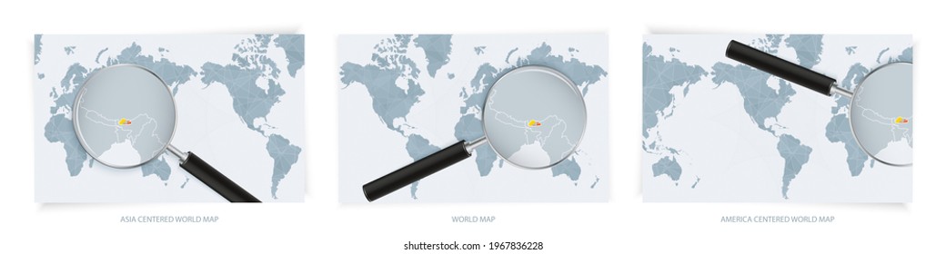 Blue Abstract World Maps with magnifying glass on map of Bhutan with the national flag of Bhutan. Three version of World Map – Asia Centered, America Centered and Europe Centered.