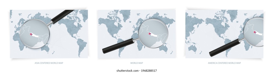 Blue Abstract World Maps with magnifying glass on map of Nepal with the national flag of Nepal. Three version of World Map – Asia Centered, America Centered and Europe Centered.