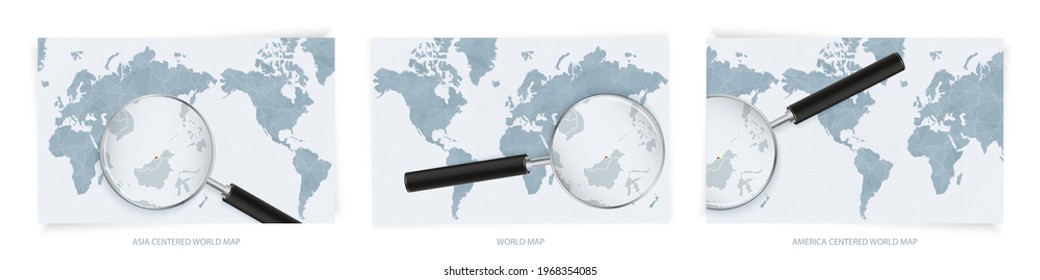 Blue Abstract World Maps with magnifying glass on map of Brunei with the national flag of Brunei. Three version of World Map – Asia Centered, America Centered and Europe Centered.