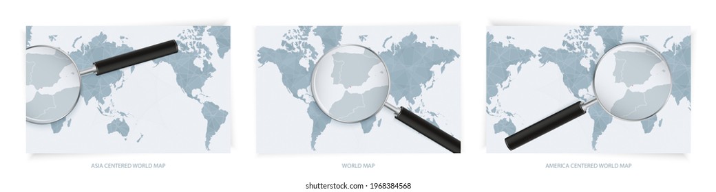 Blue Abstract World Maps with magnifying glass on map of Gibraltar with the national flag of Gibraltar. Three version of World Map – Asia Centered, America Centered and Europe Centered.