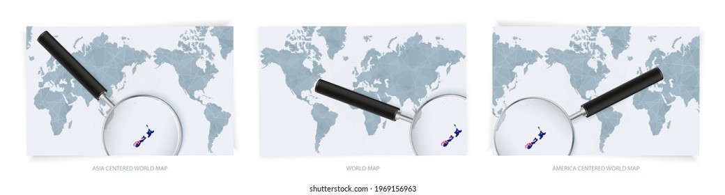 Blue Abstract World Maps with magnifying glass on map of New Zealand with the national flag of New Zealand. Three version of World Map – Asia Centered, America Centered and Europe Centered.
