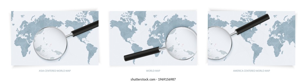 Blue Abstract World Maps with magnifying glass on map of Palau with the national flag of Palau. Three version of World Map – Asia Centered, America Centered and Europe Centered.
