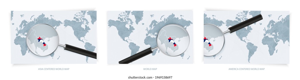 Blue Abstract World Maps with magnifying glass on map of Laos with the national flag of Laos. Three version of World Map – Asia Centered, America Centered and Europe Centered.