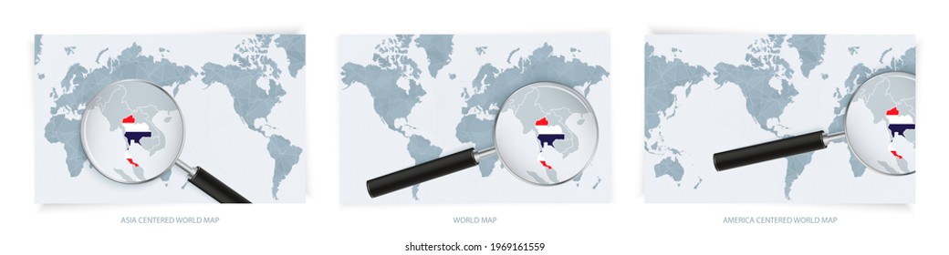 Blue Abstract World Maps with magnifying glass on map of Thailand with the national flag of Thailand. Three version of World Map – Asia Centered, America Centered and Europe Centered.