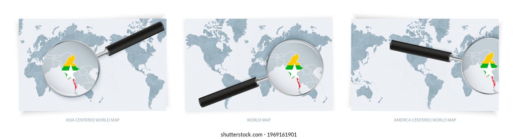 Blue Abstract World Maps with magnifying glass on map of Myanmar with the national flag of Myanmar. Three version of World Map – Asia Centered, America Centered and Europe Centered.