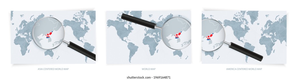 Blue Abstract World Maps with magnifying glass on map of North Korea with the national flag of North Korea. Three version of World Map – Asia Centered, America Centered and Europe Centered.