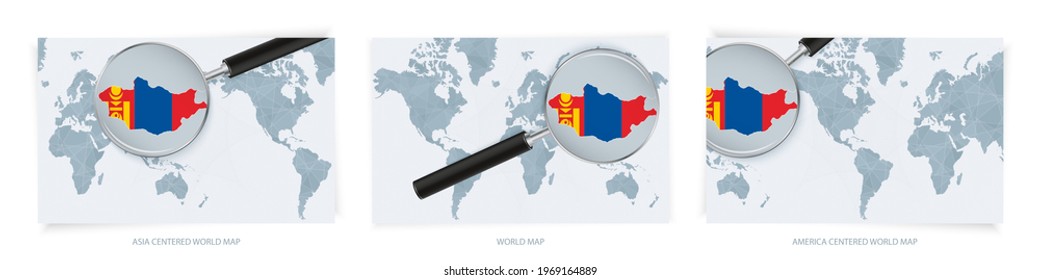 Blue Abstract World Maps with magnifying glass on map of Mongolia with the national flag of Mongolia. Three version of World Map – Asia Centered, America Centered and Europe Centered.