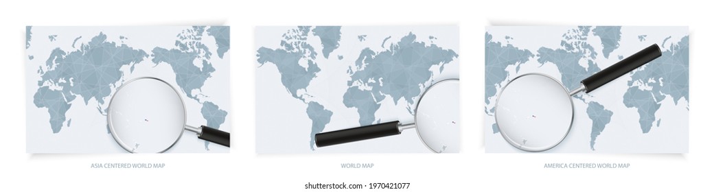 Blue Abstract World Maps with magnifying glass on map of Samoa with the national flag of Samoa. Three version of World Map – Asia Centered, America Centered and Europe Centered.