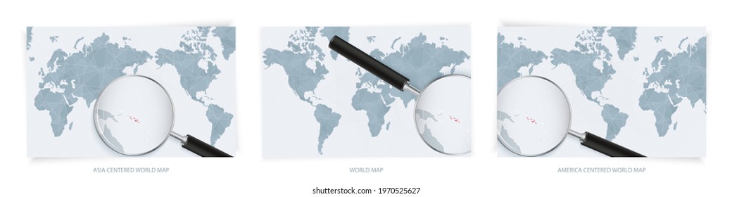 Blue Abstract World Maps with magnifying glass on map of Solomon Islands with the national flag of Solomon Islands. Three version of World Map – Asia Centered, America Centered and Europe Centered.
